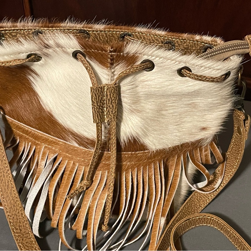Myra Bag; Like New; Brown/ White Cow Hide Fringe